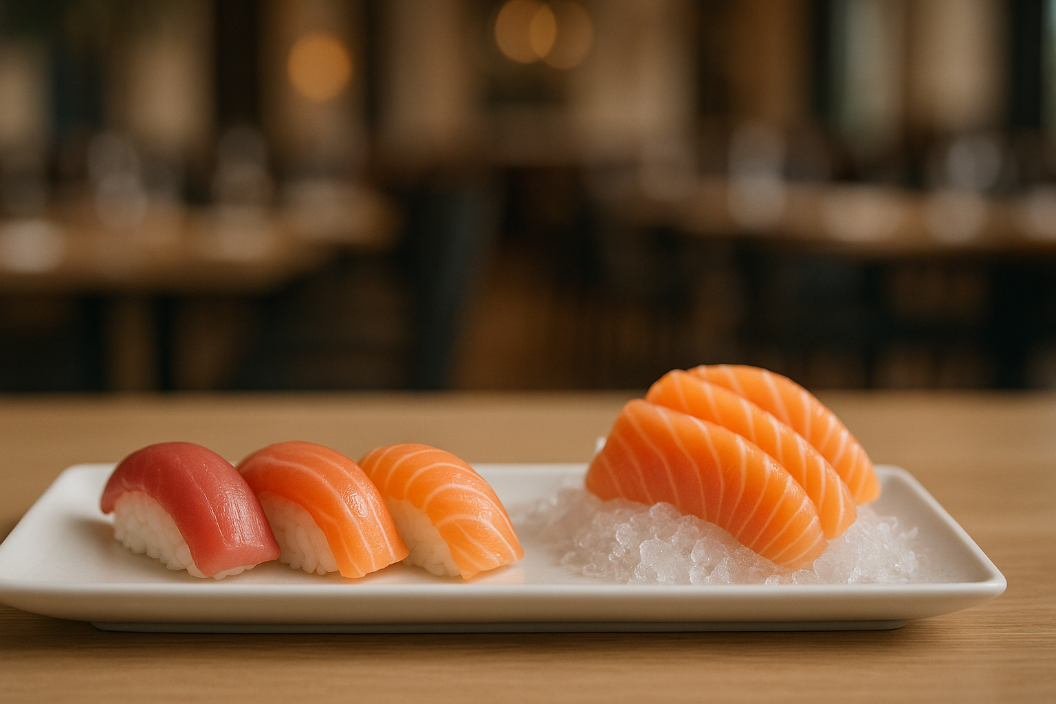 Nigiri i sashimi podane na talerzu w restauracji sushi w Krakowie