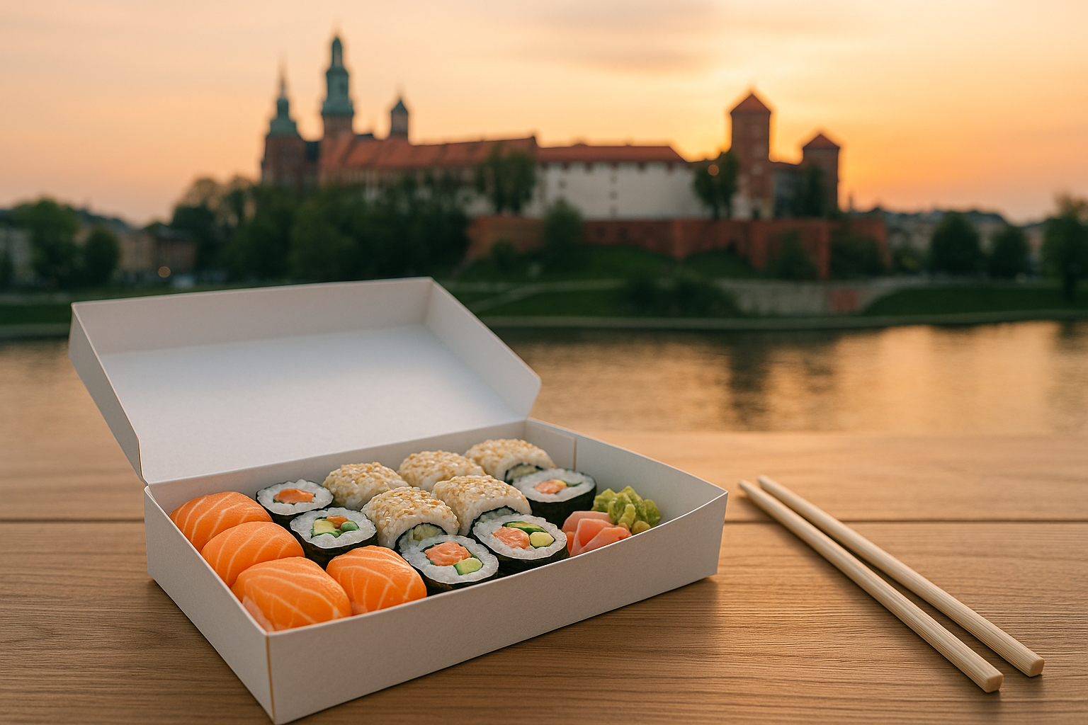 Zestaw sushi w pudełku na wynos na tle panoramy Krakowa