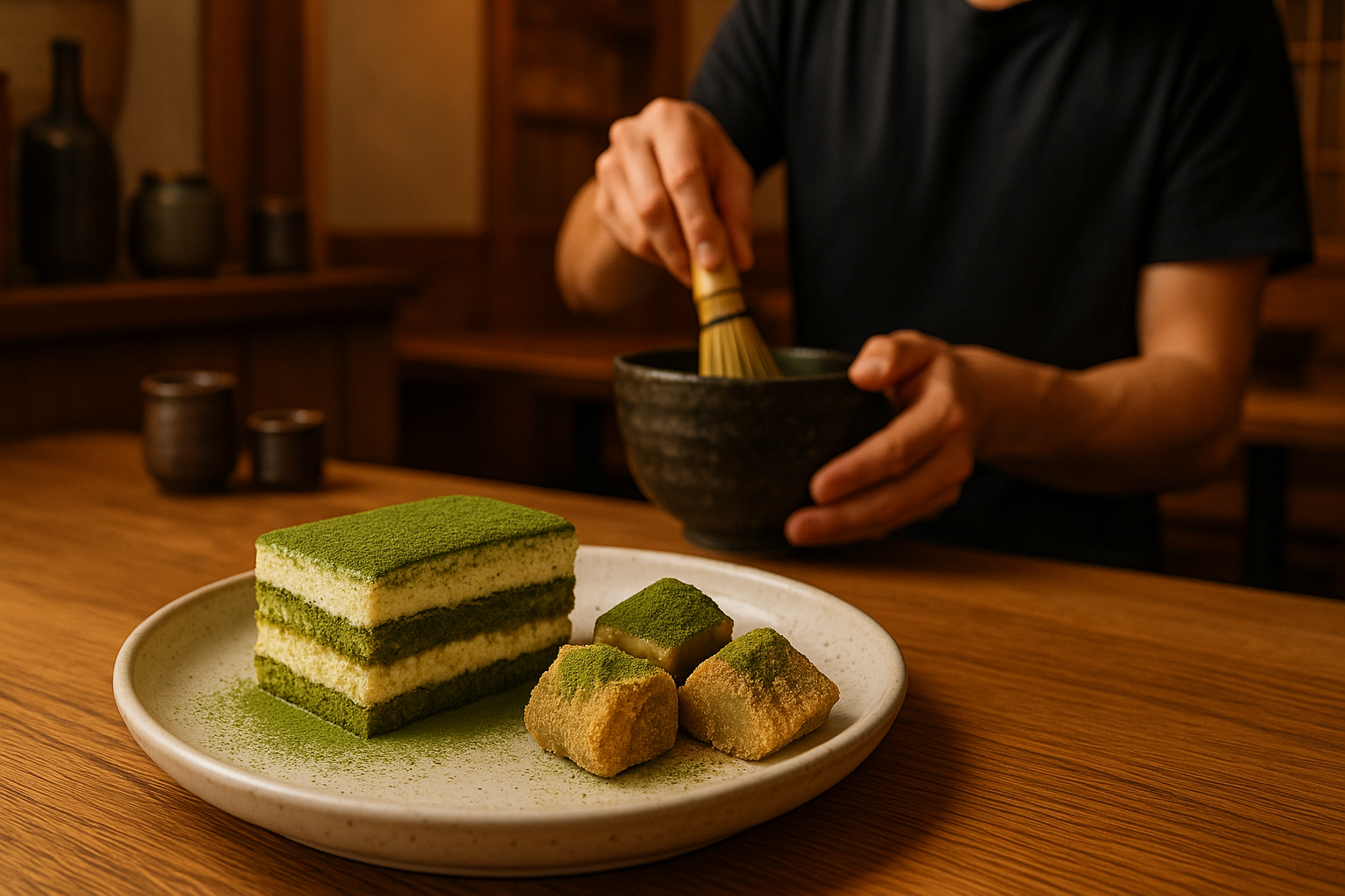 Desery japońskie – talerz z matcha tiramisu i warabi mochi w restauracji Nago Sushi & sake w Krakowie
