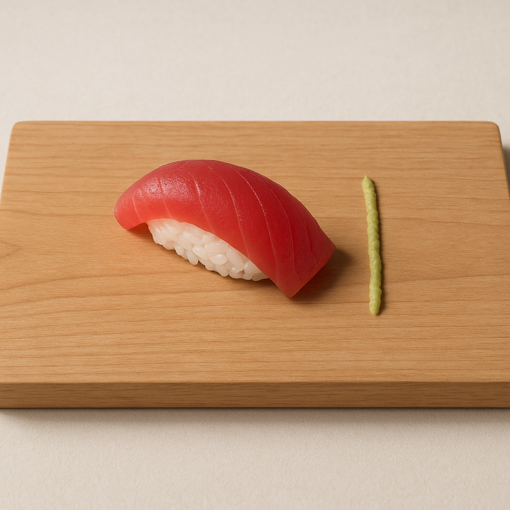 Pojedyncze nigiri z tuńczyka na drewnianej desce, symbol minimalizmu w kuchni japońskiej