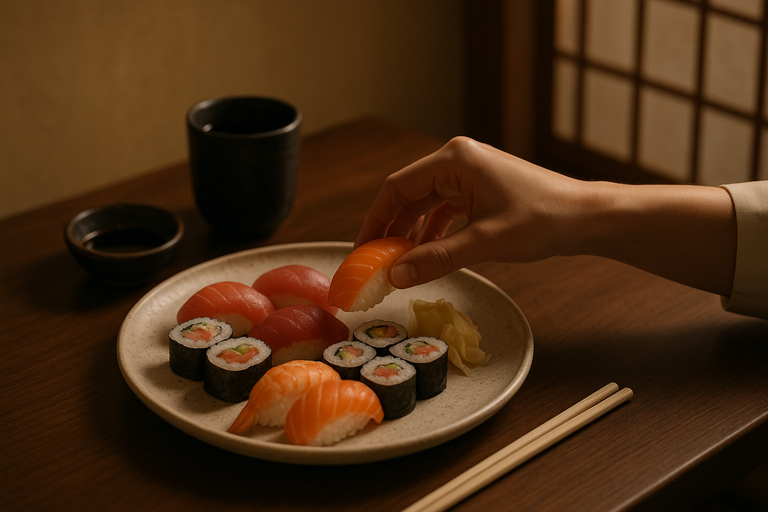 Sushi podawane w eleganckiej restauracji japońskiej, jedzone powoli i uważnie