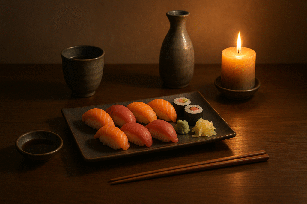 Spokojna kolacja w japońskim stylu z sushi i minimalistycznym nakryciem stołu