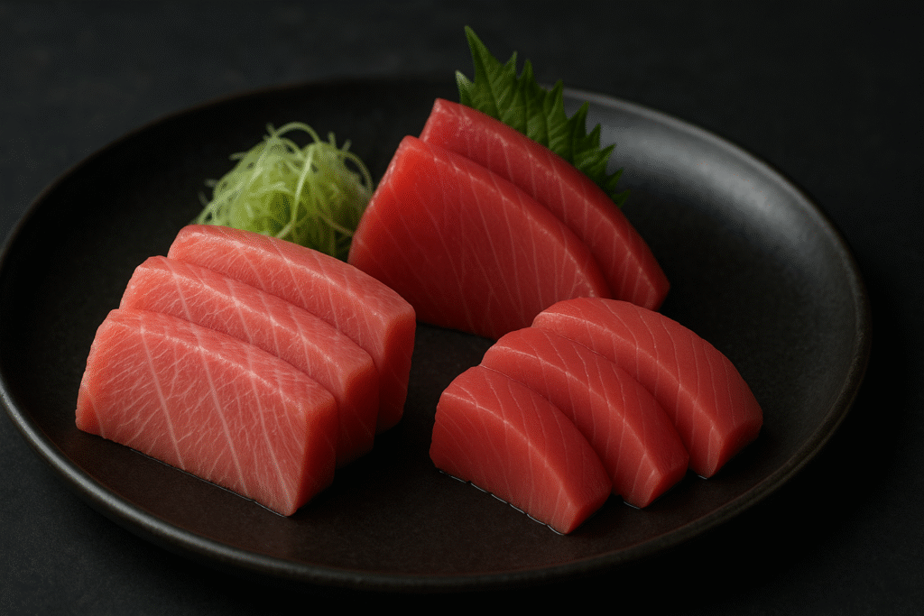Tłuste i klasyczne sashimi z tuńczyka bluefin podane na eleganckim talerzu