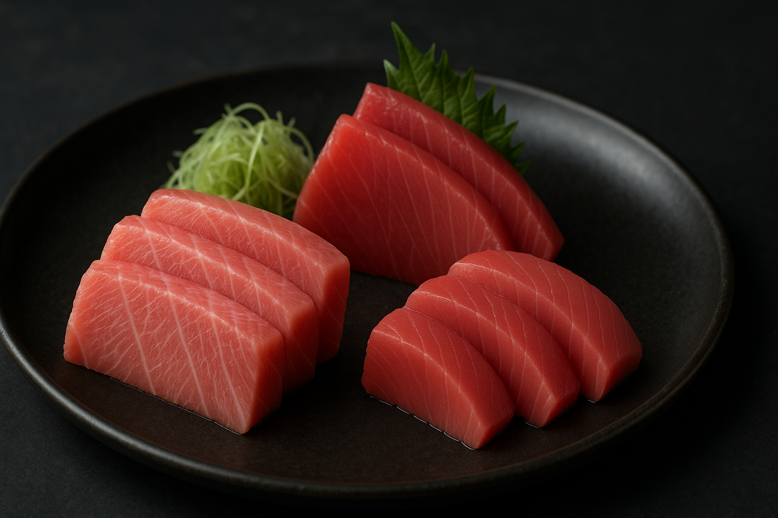 Tłuste i klasyczne sashimi z tuńczyka bluefin podane na eleganckim talerzu